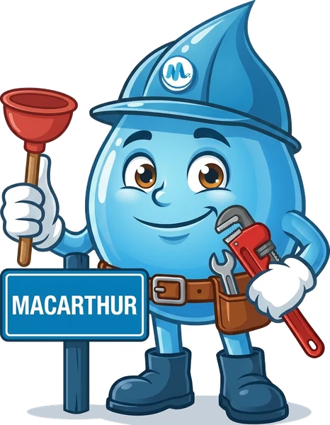 Splashy, the Mr Splash mascot, with a plunger and a pipe wrench beside a Macarthur sign