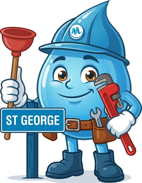 Splashy, the Mr Splash mascot, with a plunger and a pipe wrench beside a St George sign