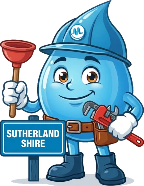 Splashy, the Mr Splash mascot, with a plunger and a pipe wrench beside a Sutherland Shire sign