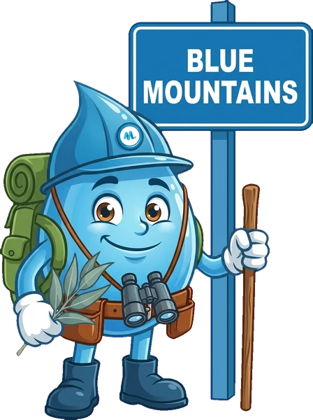 Splashy, the Mr Splash mascot, beside a Blue Mountains sign