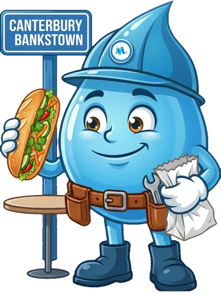 Splashy, the Mr Splash mascot, beside a Canterbury-Bankstown sign