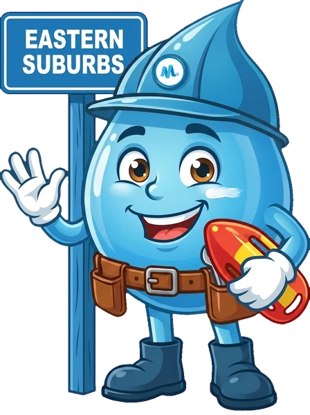 Splashy, the Mr Splash mascot, beside a Eastern Suburbs sign