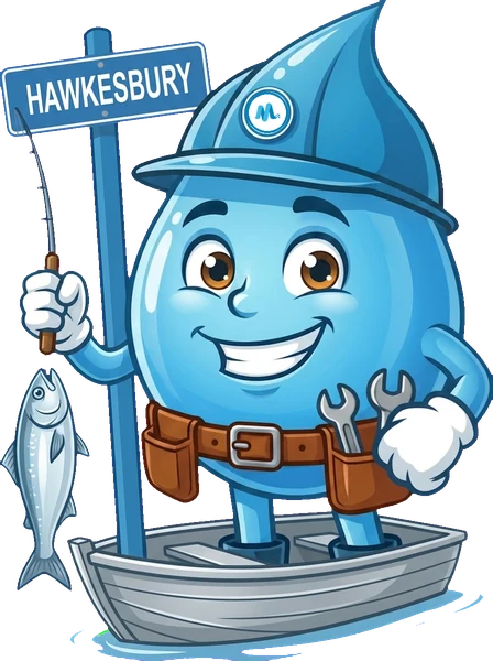 Splashy, the Mr Splash mascot, beside a Hawkesbury sign