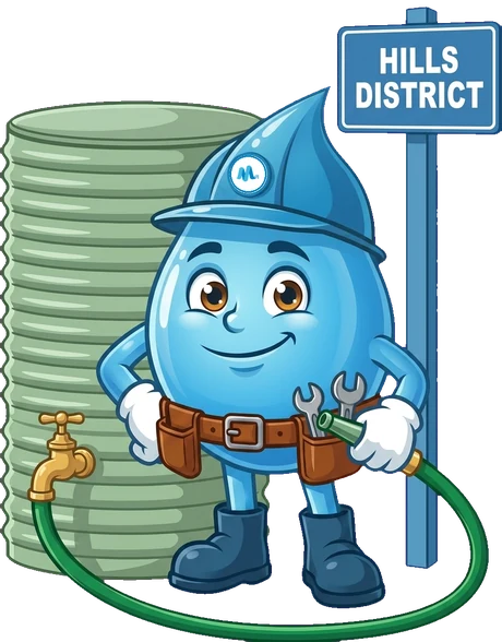 Splashy, the Mr Splash mascot, beside a Hills District sign