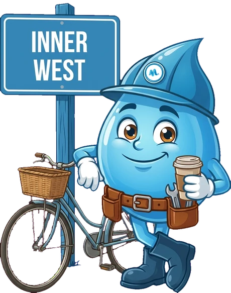 Splashy, the Mr Splash mascot, beside a Inner West sign