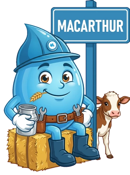 Splashy, the Mr Splash mascot, beside a Macarthur sign