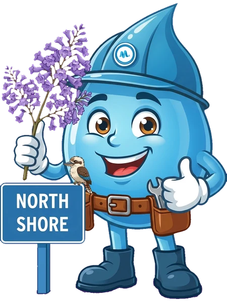 Splashy, the Mr Splash mascot, beside a North Shore sign