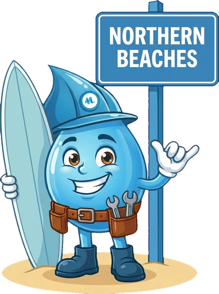 Splashy, the Mr Splash mascot, beside a Northern Beaches sign