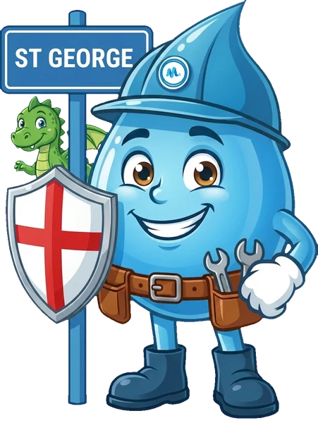Splashy, the Mr Splash mascot, beside a St George sign
