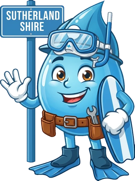 Splashy, the Mr Splash mascot, beside a Sutherland Shire sign
