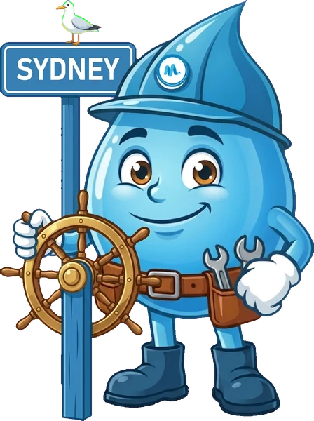 Splashy, the Mr Splash mascot, beside a Sydney sign