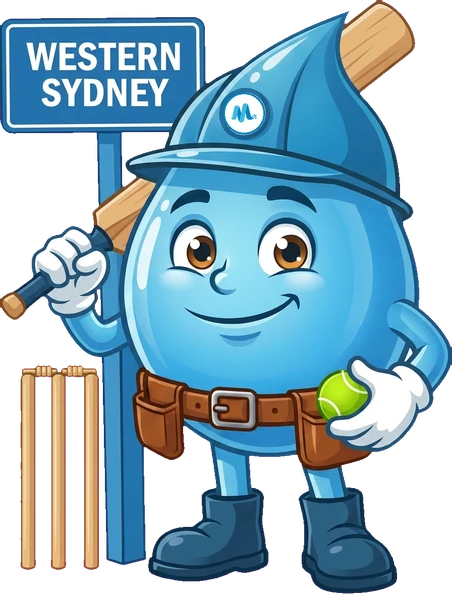 Splashy, the Mr Splash mascot, beside a Western Sydney sign