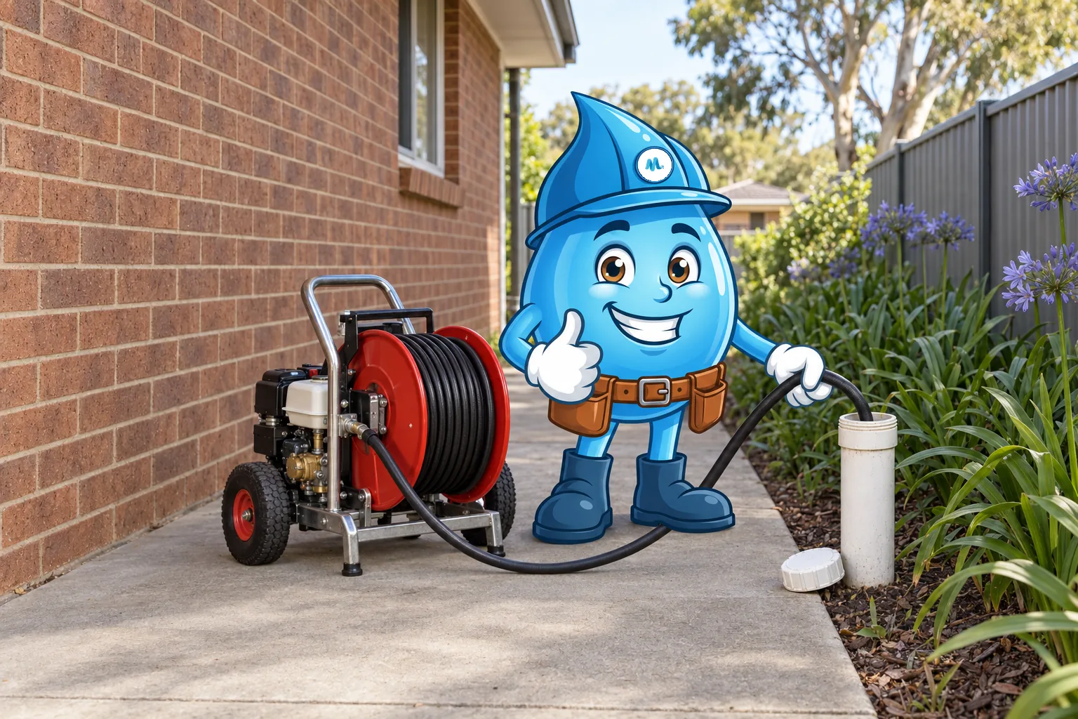 Splashy giving a thumbs up beside a jet blaster hose in an open sewer riser