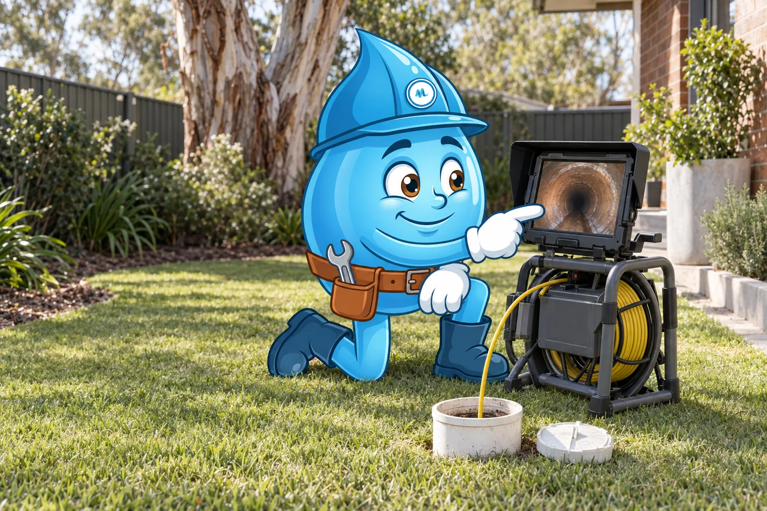 Splashy kneeling at a drain camera reel and pointing at the sewer pipe on screen
