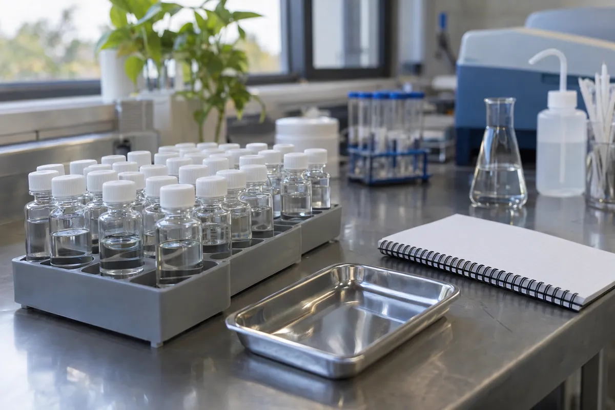 Water sample bottles on a laboratory bench