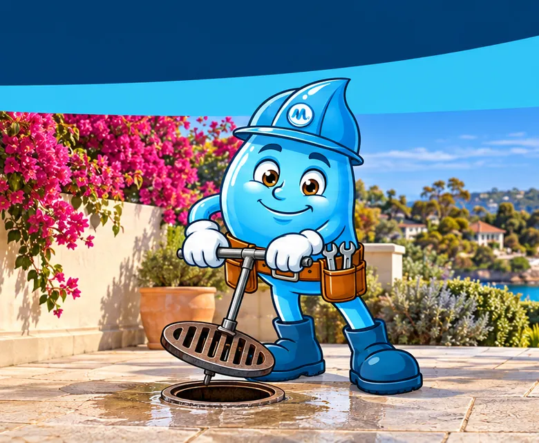 Plumbing mascot Splashy opening an overflowing gully