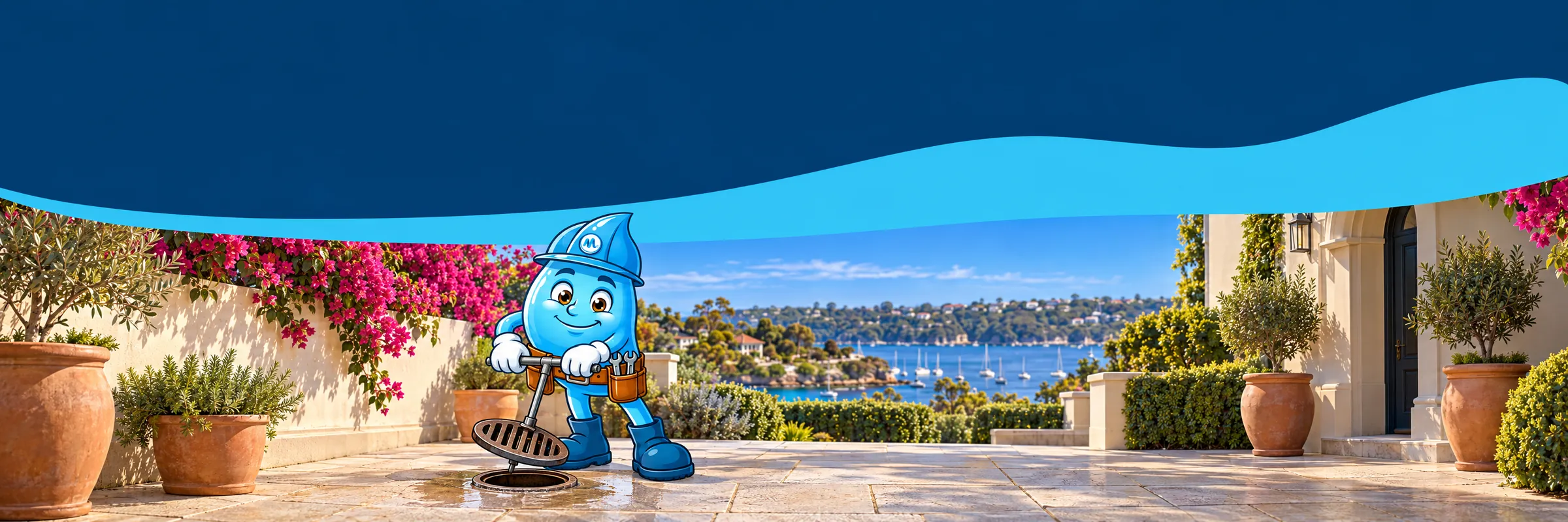 Splashy the Mr Splash mascot lifting the grate off an overflowing gully in a sunny Eastern Suburbs courtyard