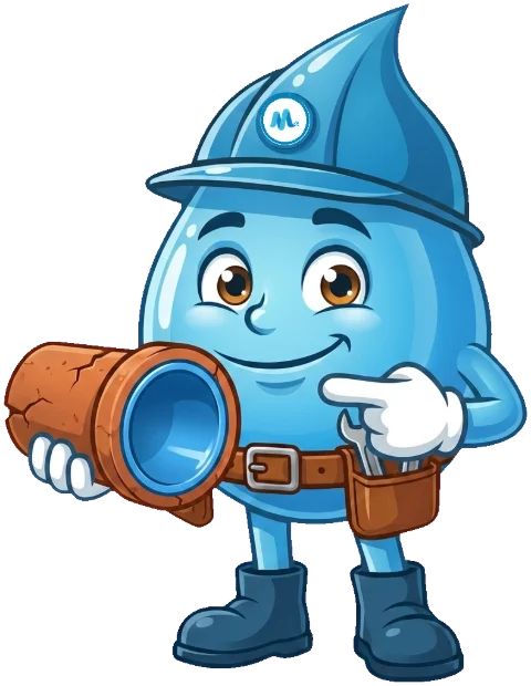 Splashy holds a cracked clay pipe and points at the smooth new liner inside it