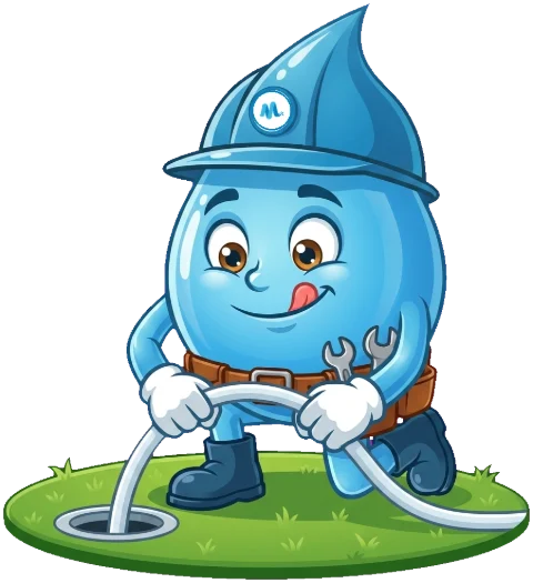 Splashy, the Mr Splash Plumbing mascot, kneeling on an intact lawn and feeding a new liner into a drain access point: no-dig pipe relining in Sydney
