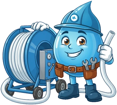 The Mr Splash Plumbing mascot beside a pipe relining machine wound with new liner, holding the liner end