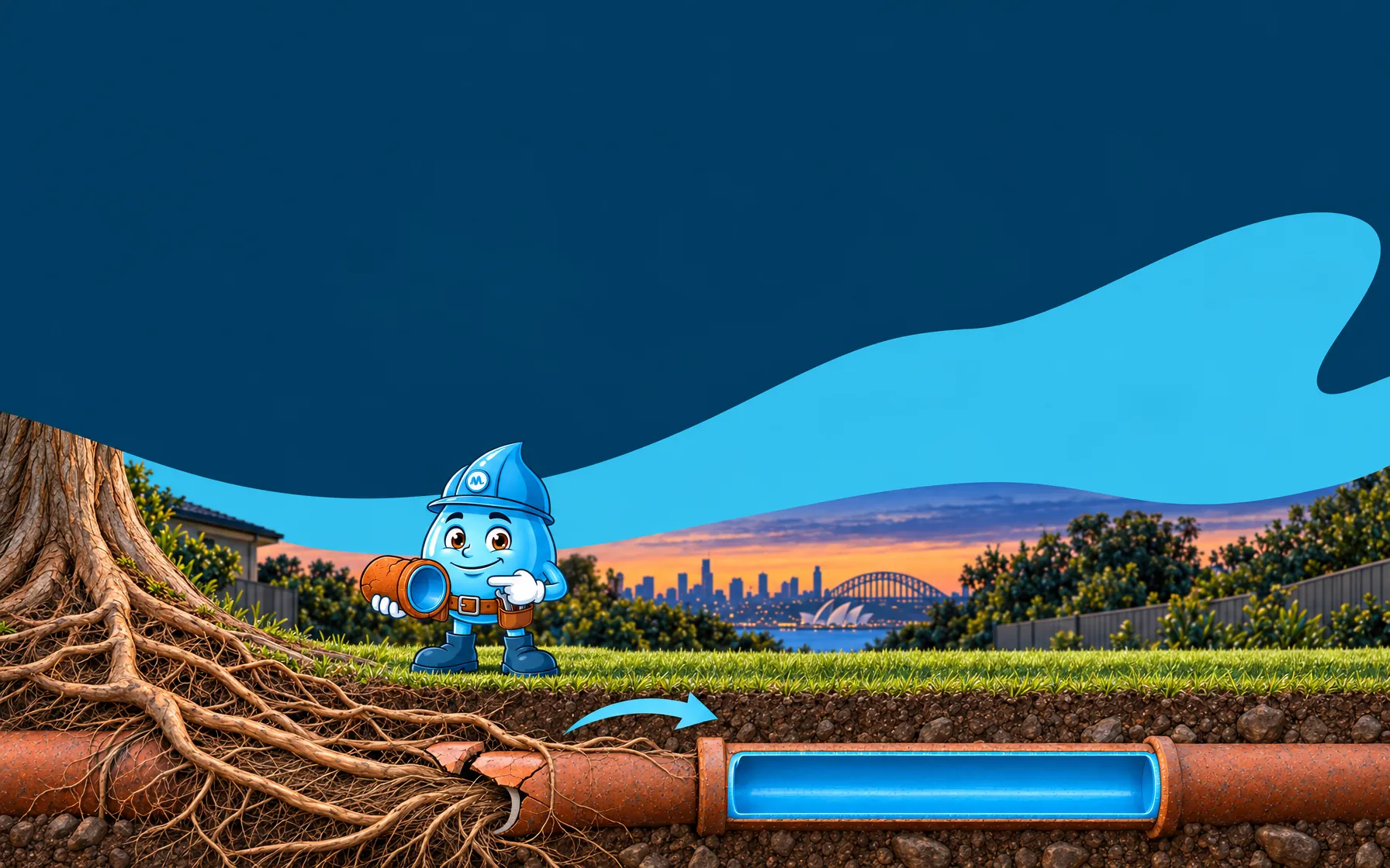 Splashy the Mr Splash mascot holding a relined section of pipe, beside tree roots cracking an old clay sewer pipe and the same pipe relined with a new liner