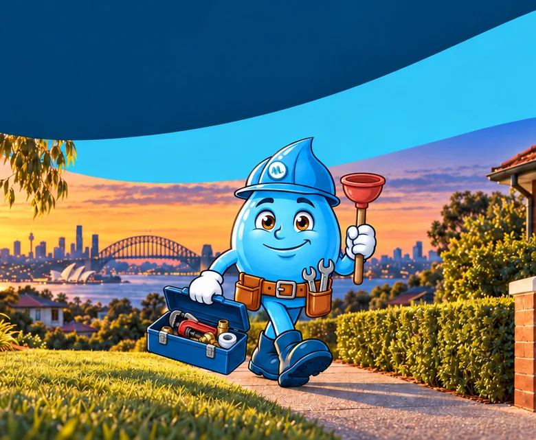 Plumbing mascot Splashy with a plunger and an open toolbox, arriving at a Sydney home