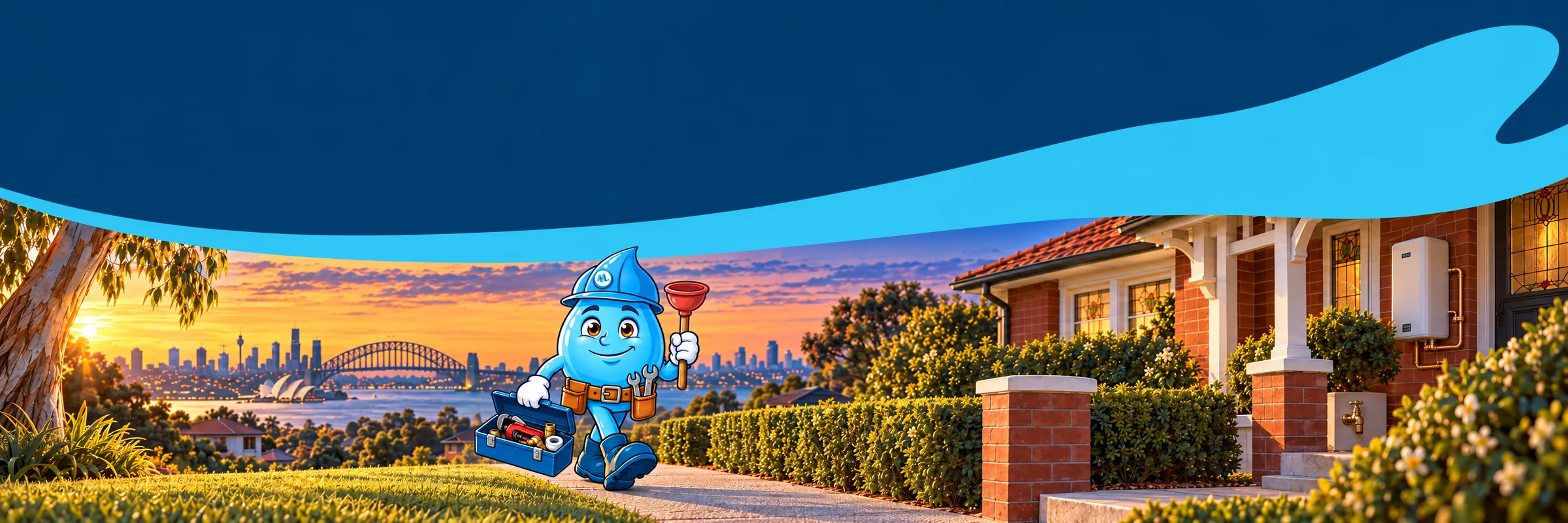 Splashy the Mr Splash mascot carrying a plunger and an open toolbox of plumbing tools up the front path of a Sydney home, with a hot water system on the wall and the Harbour Bridge behind