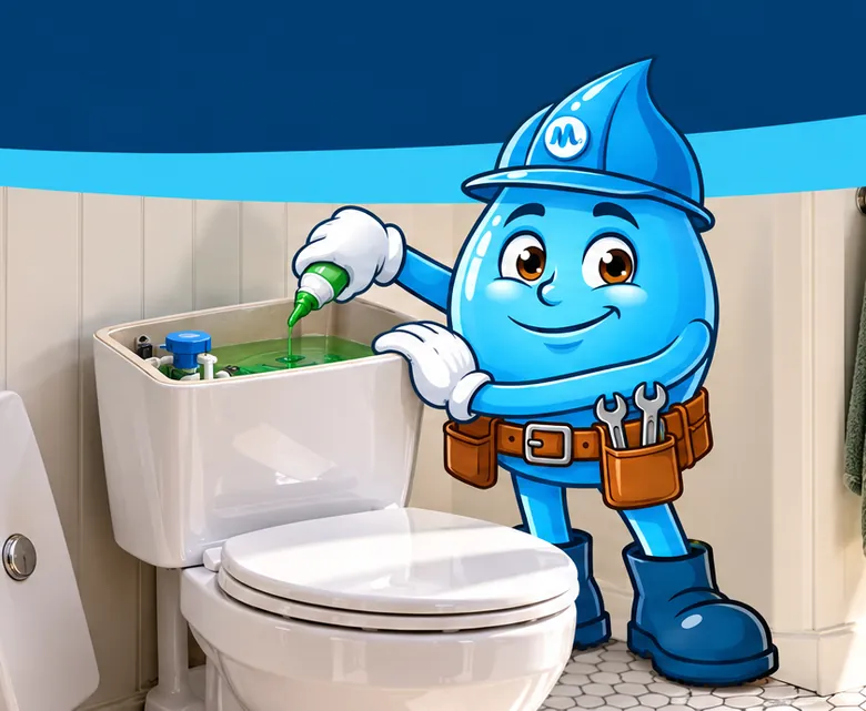 Plumbing mascot Splashy doing a dye test on a toilet cistern