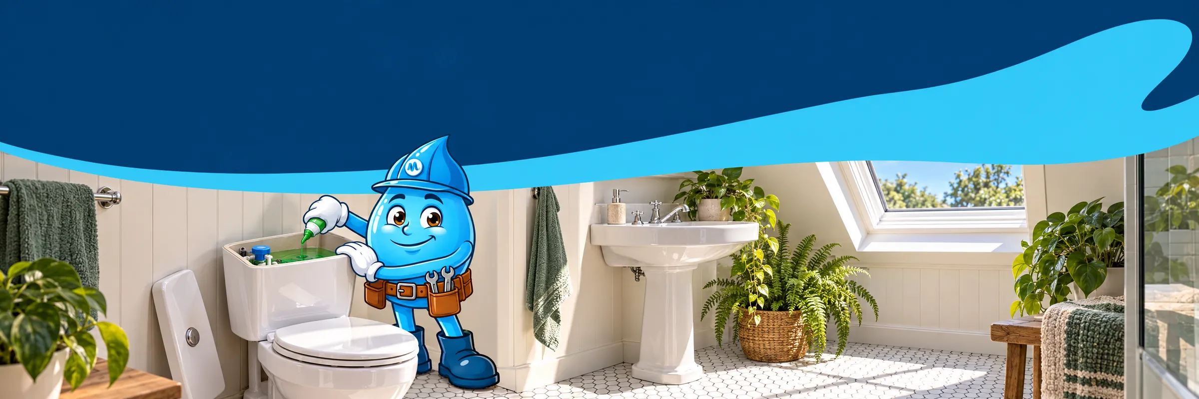 Splashy the Mr Splash mascot adding green tracing dye to a toilet cistern to test for a hidden leak