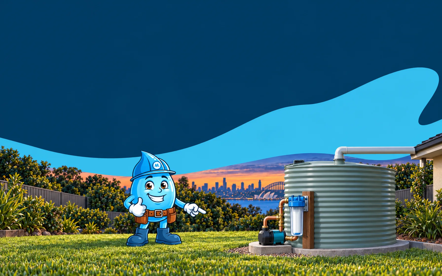 Splashy the Mr Splash mascot on a Sydney lawn pointing at a filter housing and pump on a rainwater tank, Sydney Harbour at dusk behind