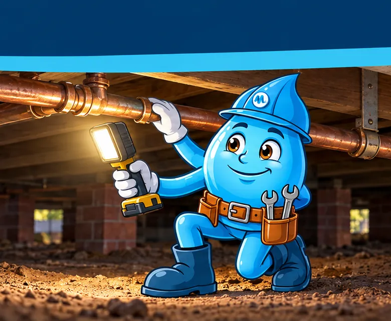 Plumbing mascot Splashy checking pipes under a house