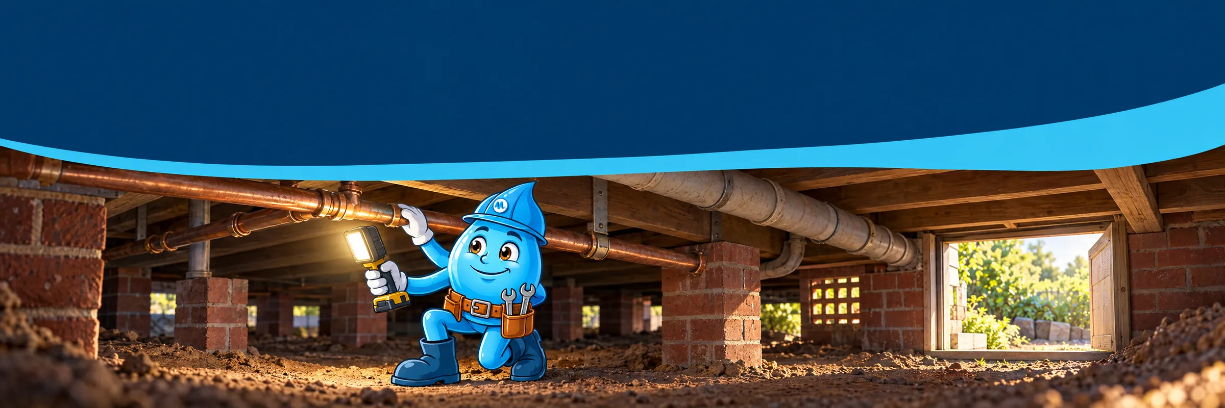 Splashy the Mr Splash mascot checking copper pipes under a raised Sydney house with a work light