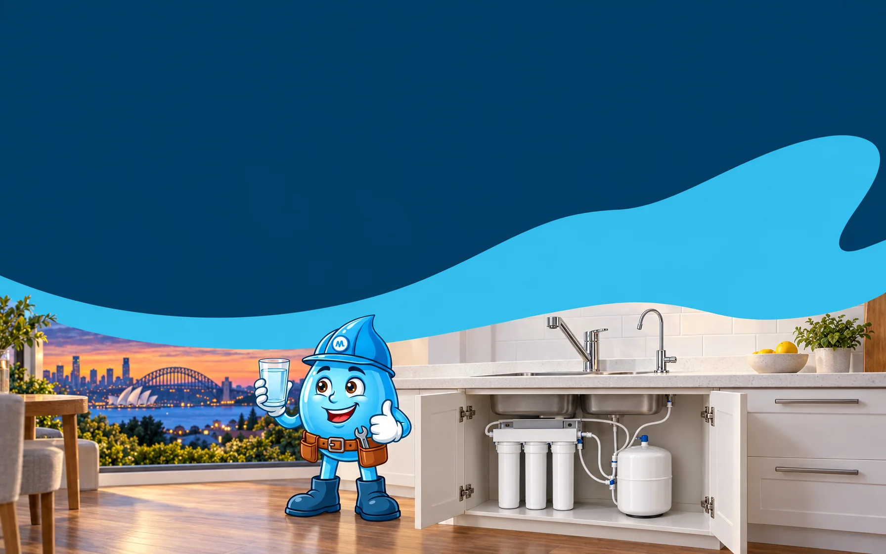 Splashy the Mr Splash mascot holding a glass of water beside an open kitchen cupboard with an under-sink reverse osmosis system, Sydney Harbour at dusk behind