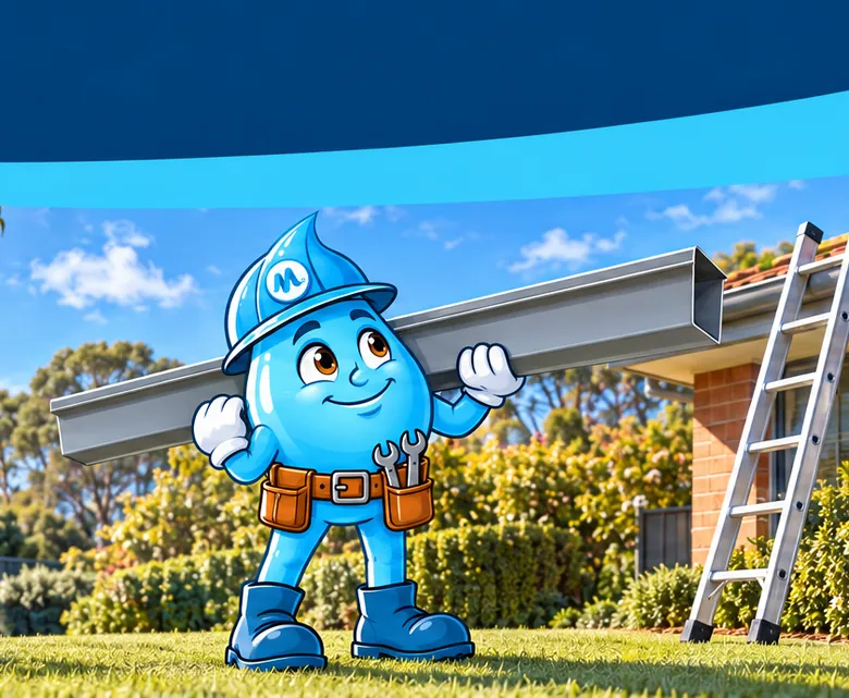 Plumbing mascot Splashy with a new gutter at the ladder