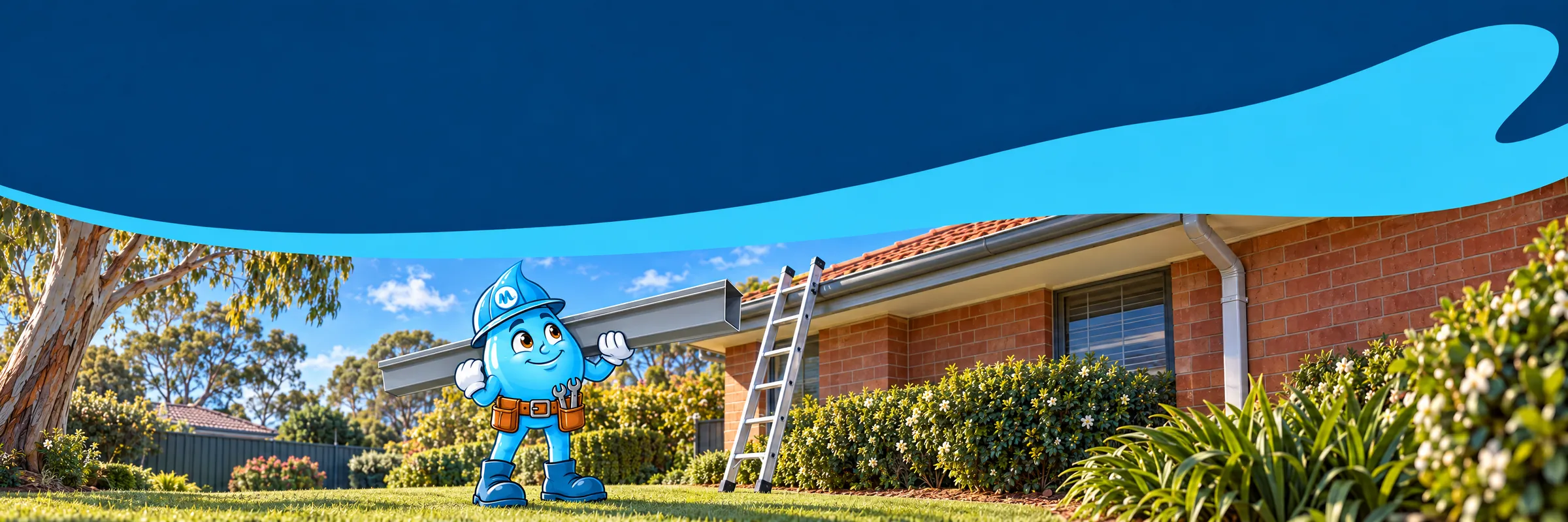 Splashy the Mr Splash mascot with a new gutter length on his shoulder at a ladder beside a Sydney brick home