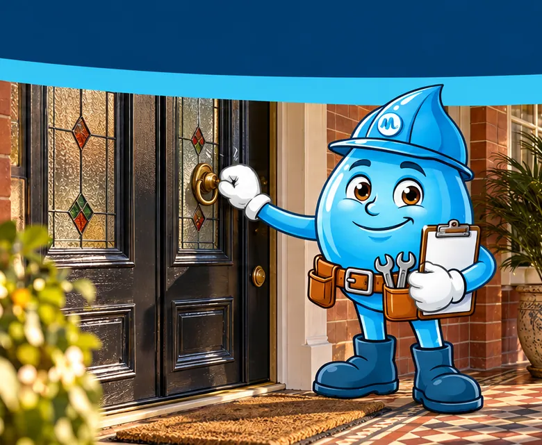 Plumbing mascot Splashy arriving at a front door