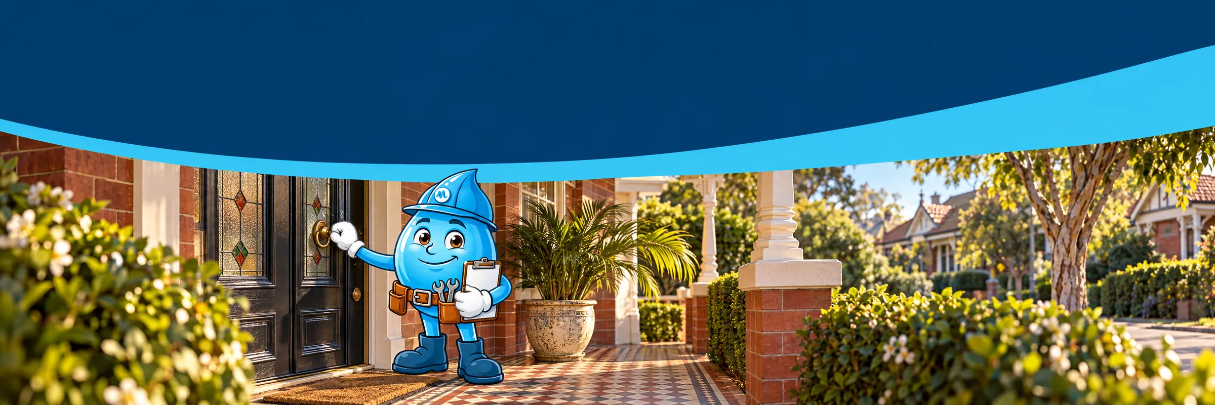 Splashy the Mr Splash mascot knocking at the front door of a Federation house with a clipboard