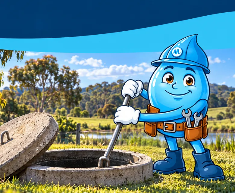 Plumbing mascot Splashy opening a septic tank