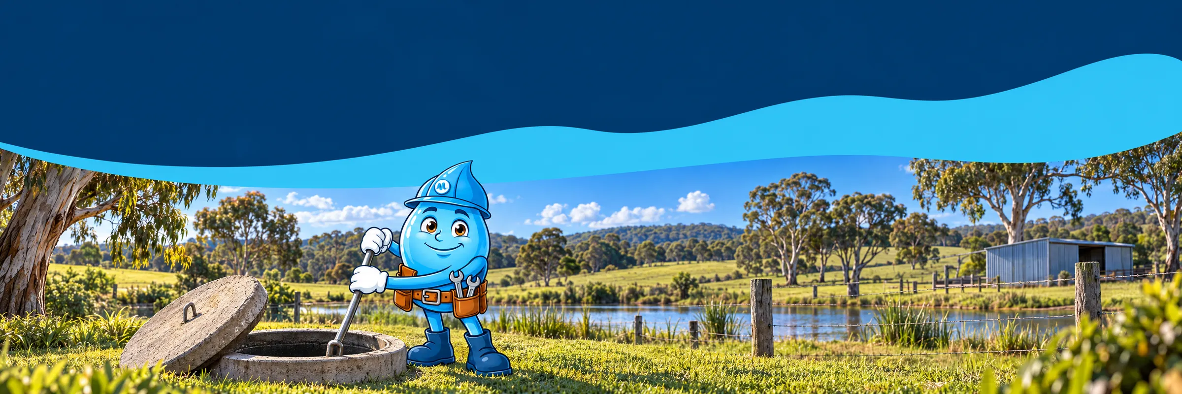 Splashy the Mr Splash mascot opening a septic tank lid on a semi-rural Hawkesbury property