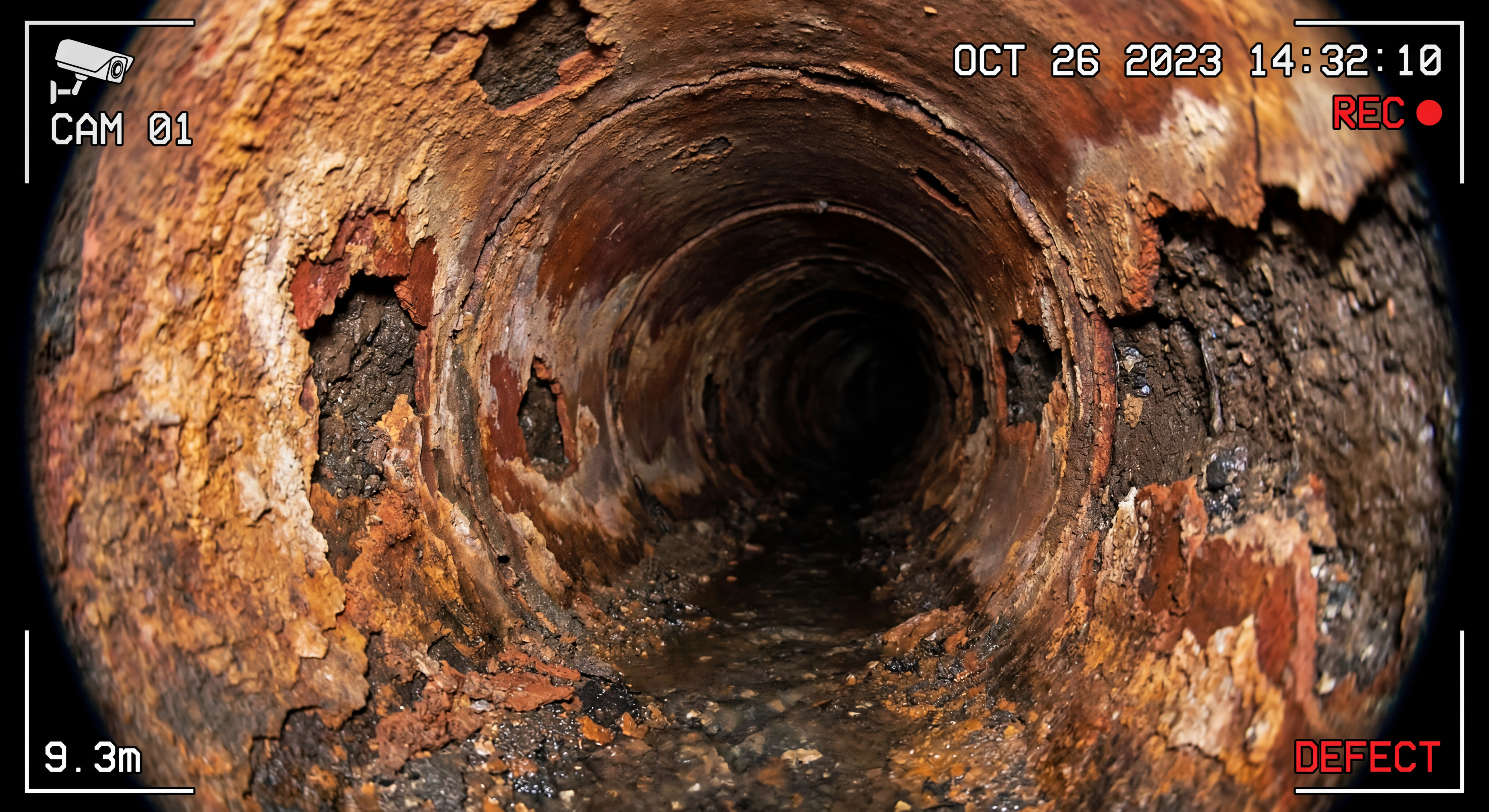 CCTV footage of corroded old clay drain pipe interior