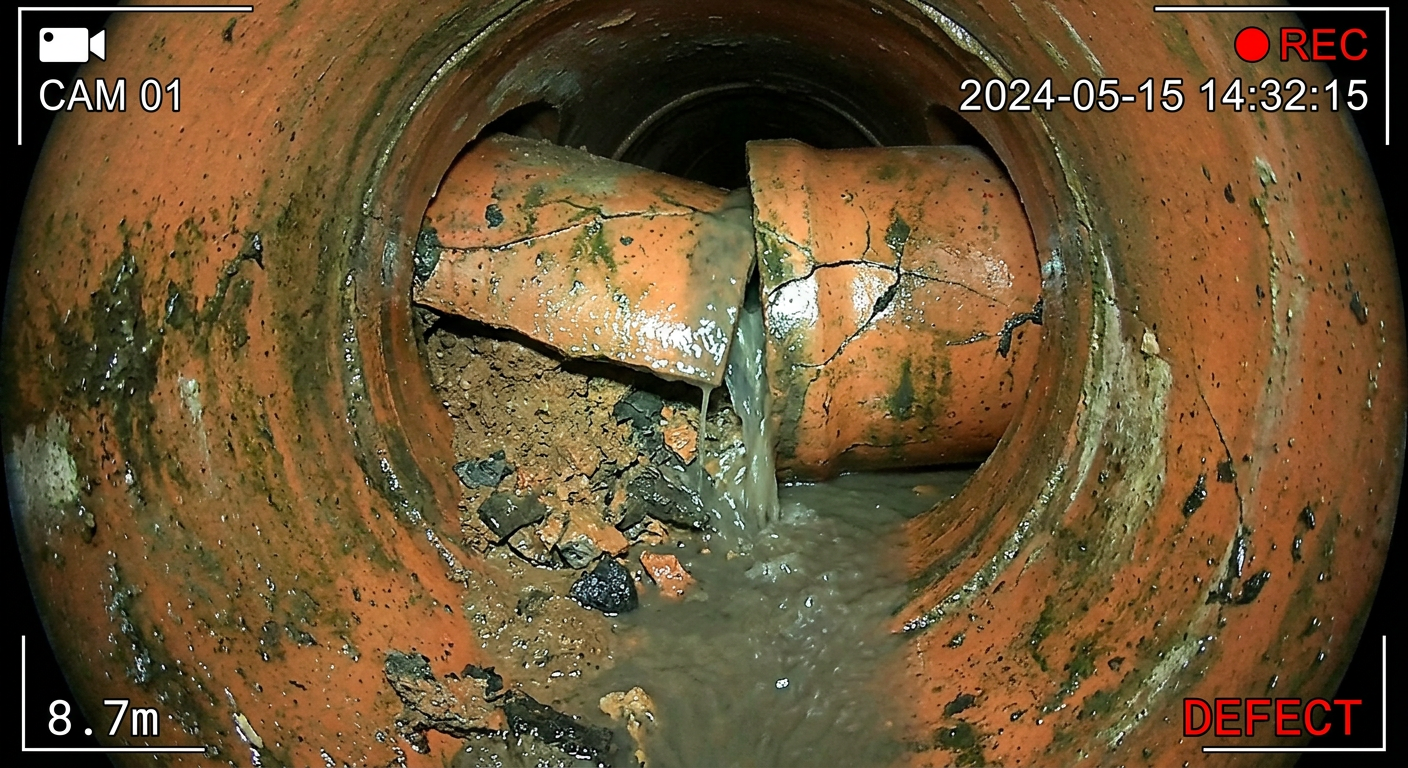 CCTV view of cracked and misaligned pipe joint