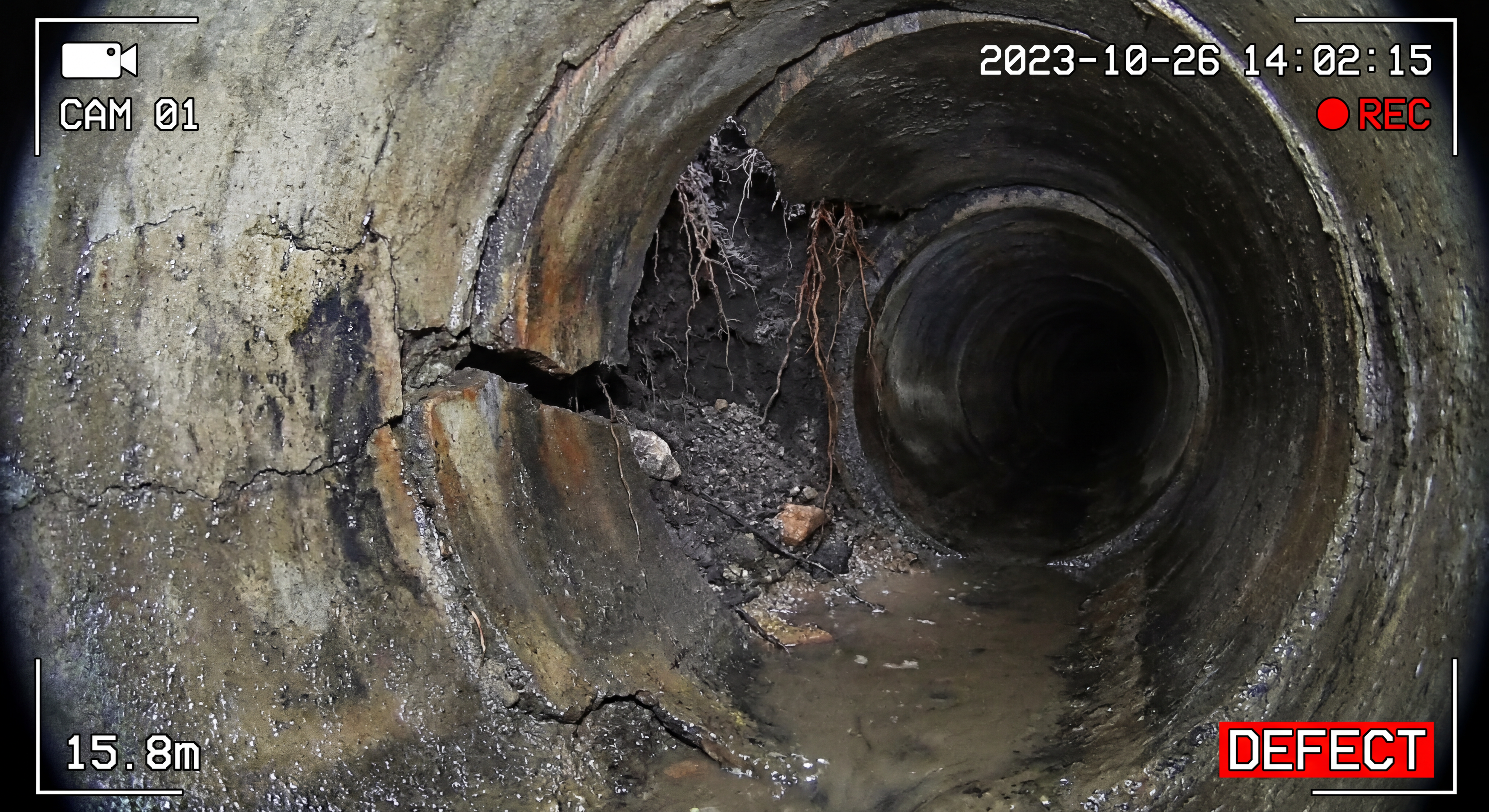 CCTV view of displaced pipe sections from ground movement