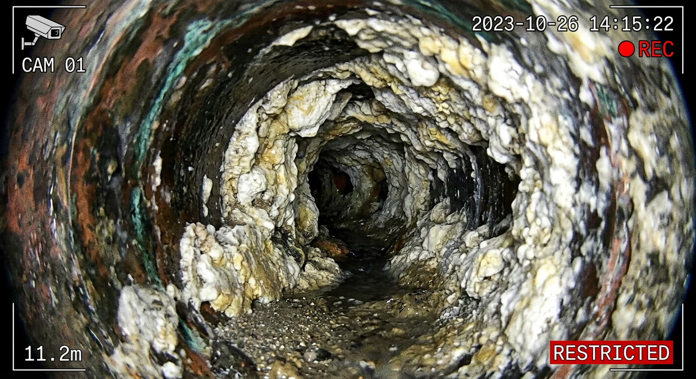 CCTV camera showing mineral scale deposits restricting pipe flow