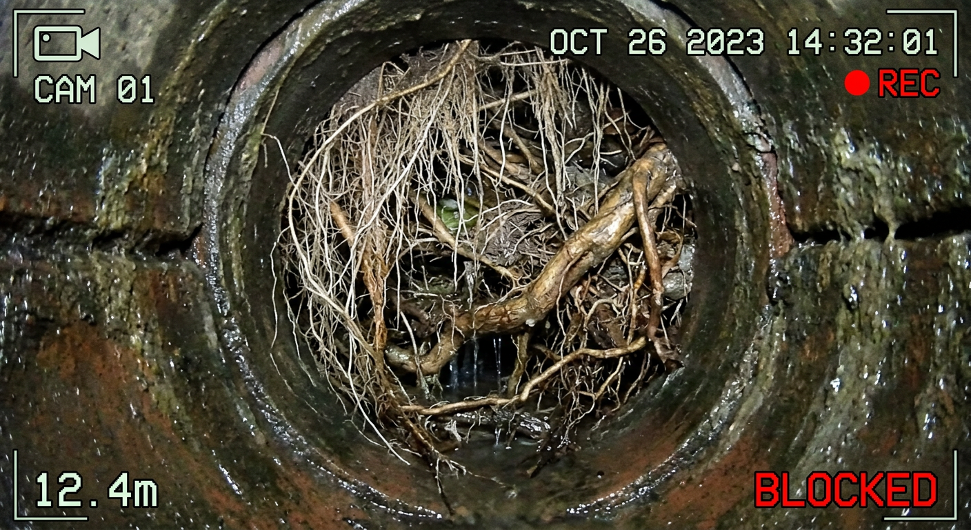 CCTV camera view of tree roots growing through drain pipe joints
