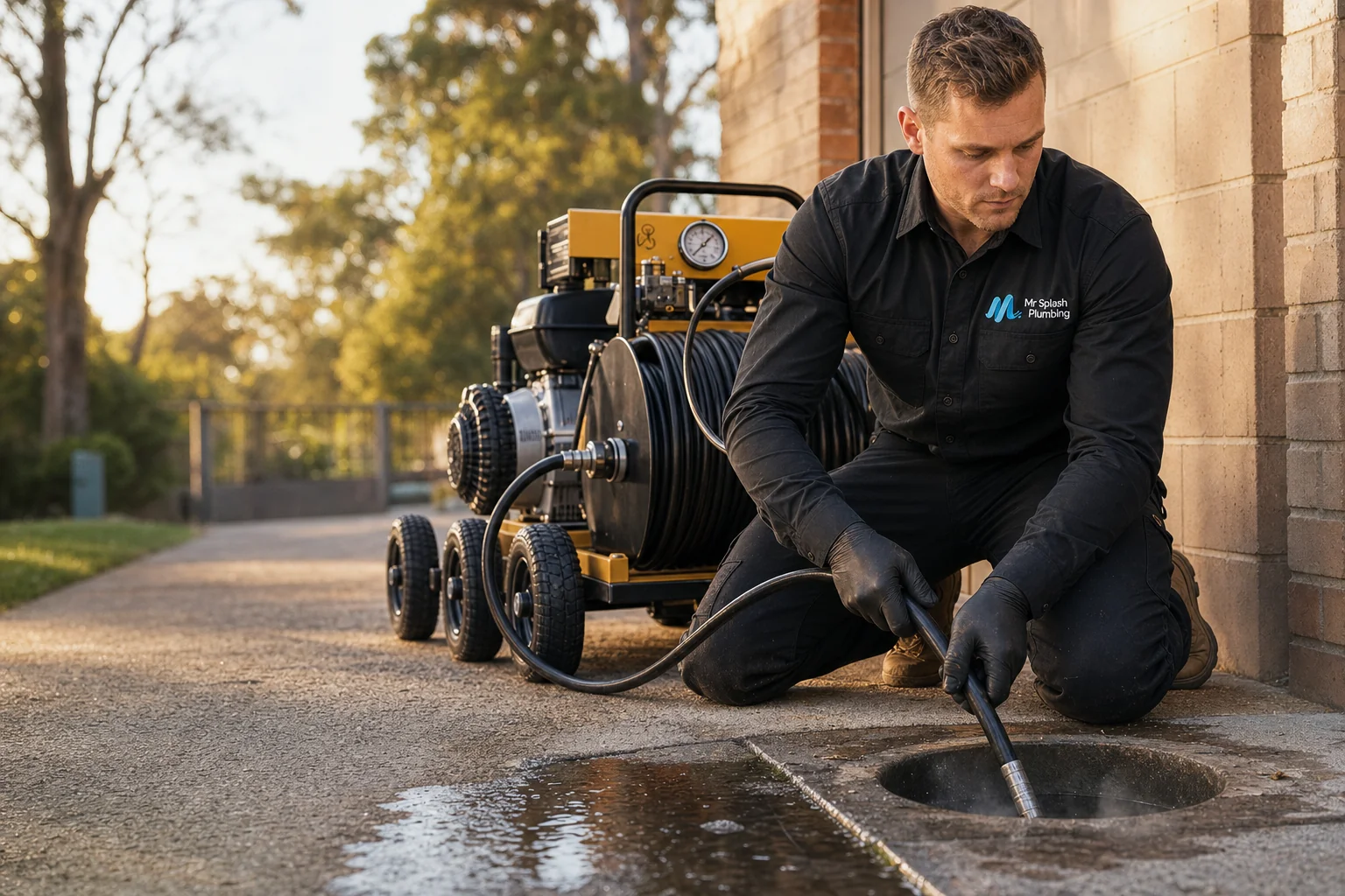 Mr Splash plumber feeding jet hose into drain access during commercial hydrojetting