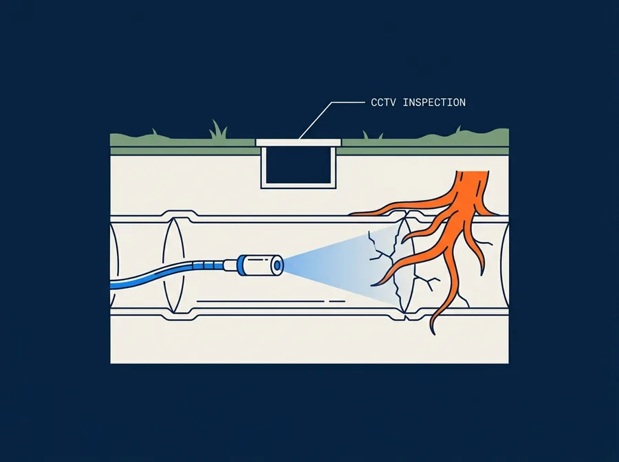 Cutaway diagram of a CCTV camera inspecting a drain and finding tree root intrusion