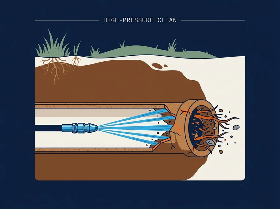 Cutaway diagram of high-pressure jet blasting scouring a blocked pipe clean