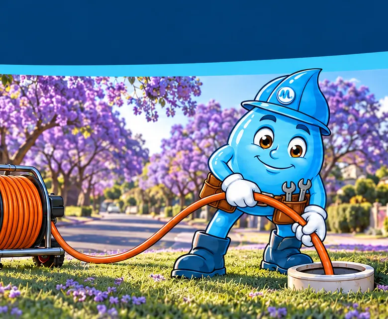 Plumbing mascot Splashy jetting a sewer line under jacaranda trees