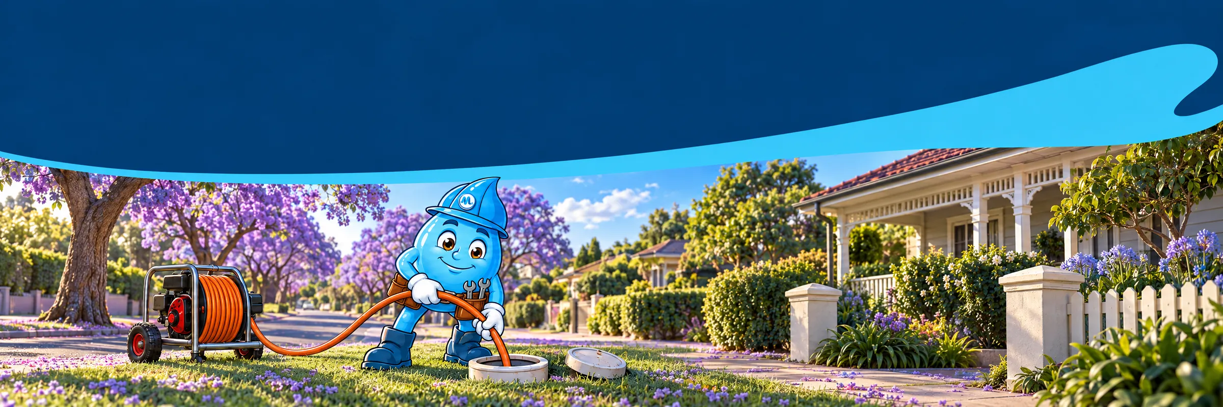 Splashy the Mr Splash mascot feeding an orange jetter hose into a sewer opening on a Sydney street lined with jacarandas