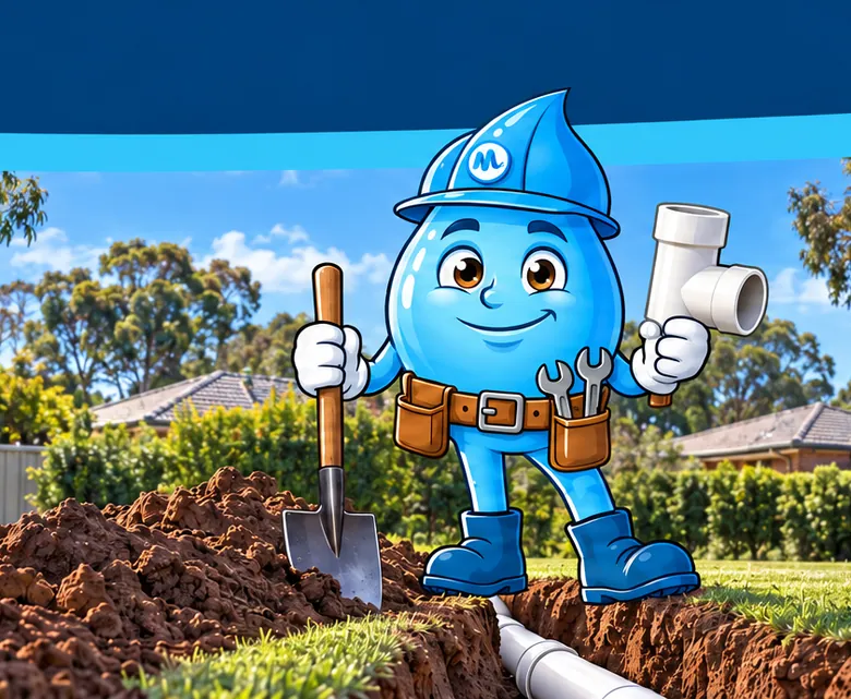 Plumbing mascot Splashy beside a trench with new PVC sewer pipe